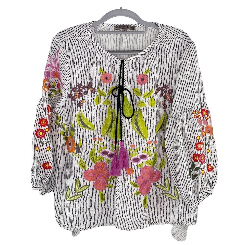 Sharon Young Top Open‎ Top Embroidered Hummingbird Bird Floral Coastal Boho